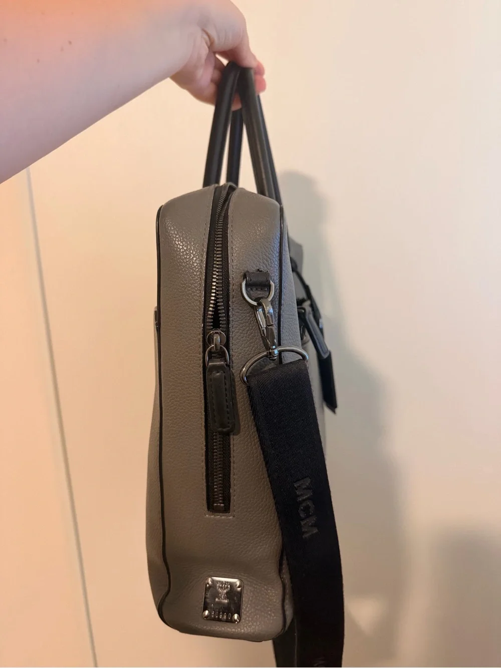 Unisex MCM Vintage Grey Leather Briefcase with Black Trim